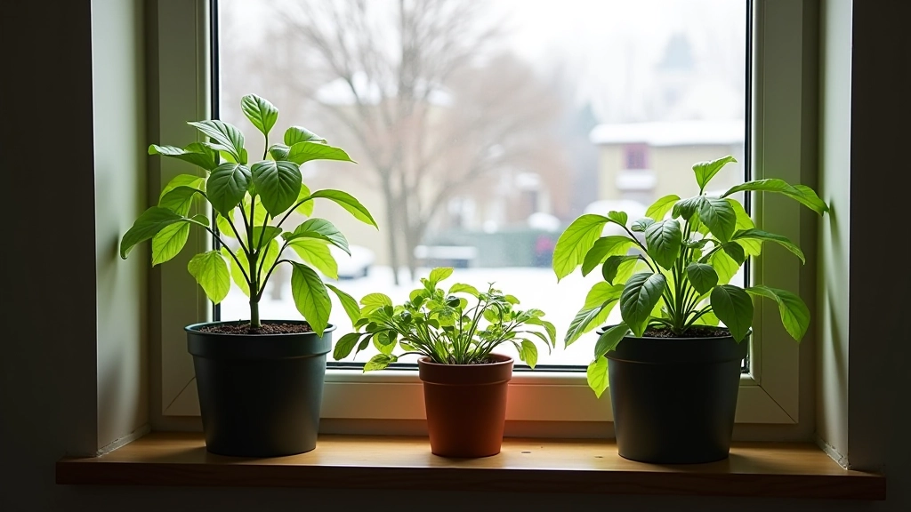 Indoor herb garden growing on windowsill during winter