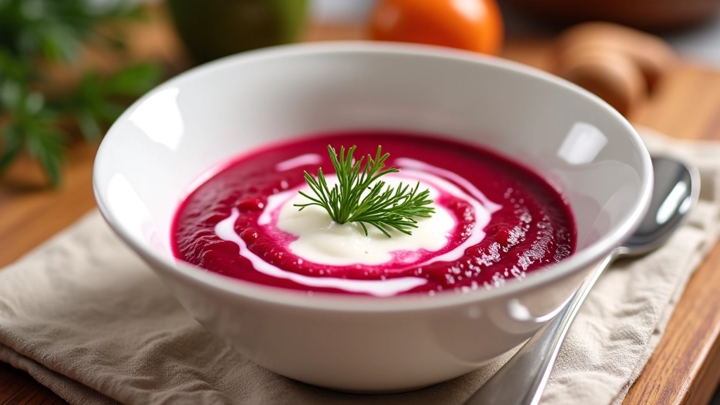 Bowl of cold beet soup šaltibarščiai with white sour cream swirl and fresh dill garnish
