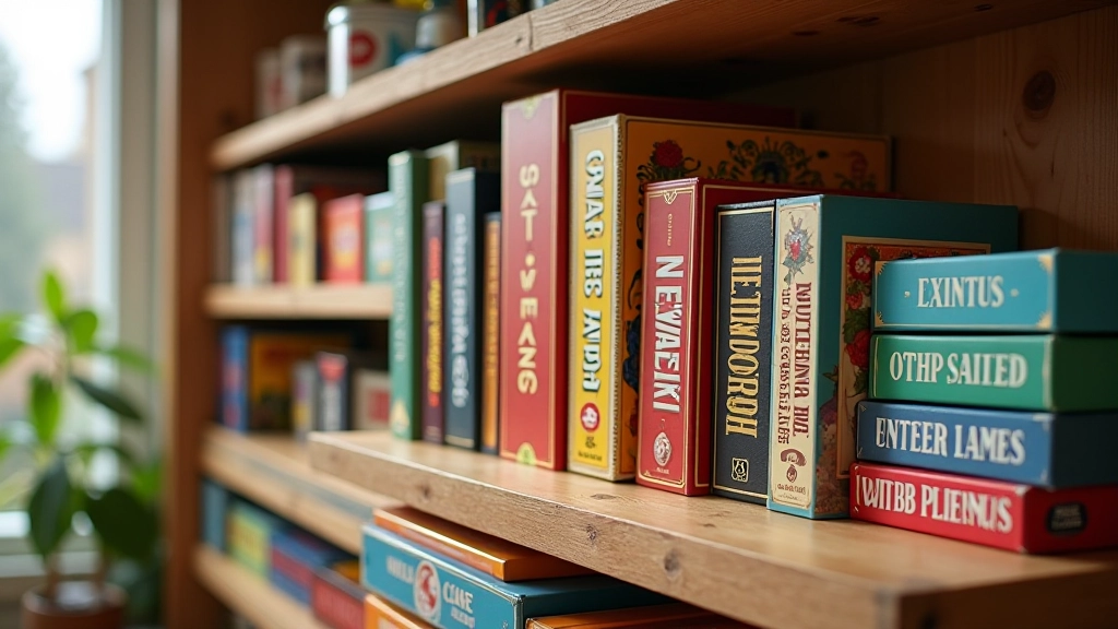Board game boxes arranged on a shelf showing different game types and complexity levels