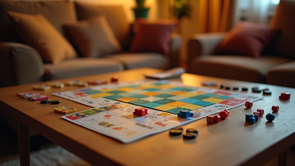 Board games laid out on wooden table for evening gathering