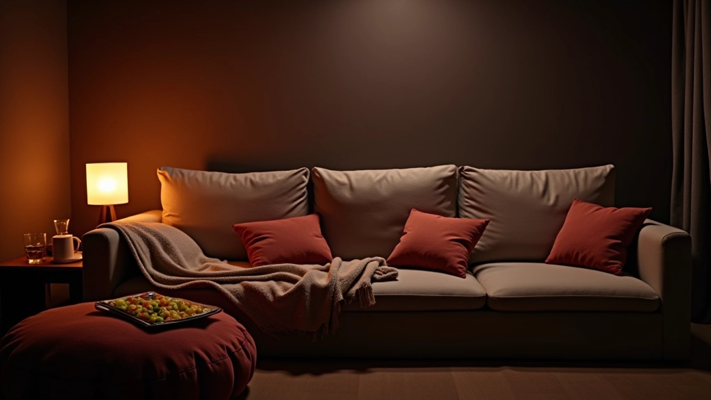 Comfortable home theater seating with multiple cushions, blankets, and side tables with beverages and snacks