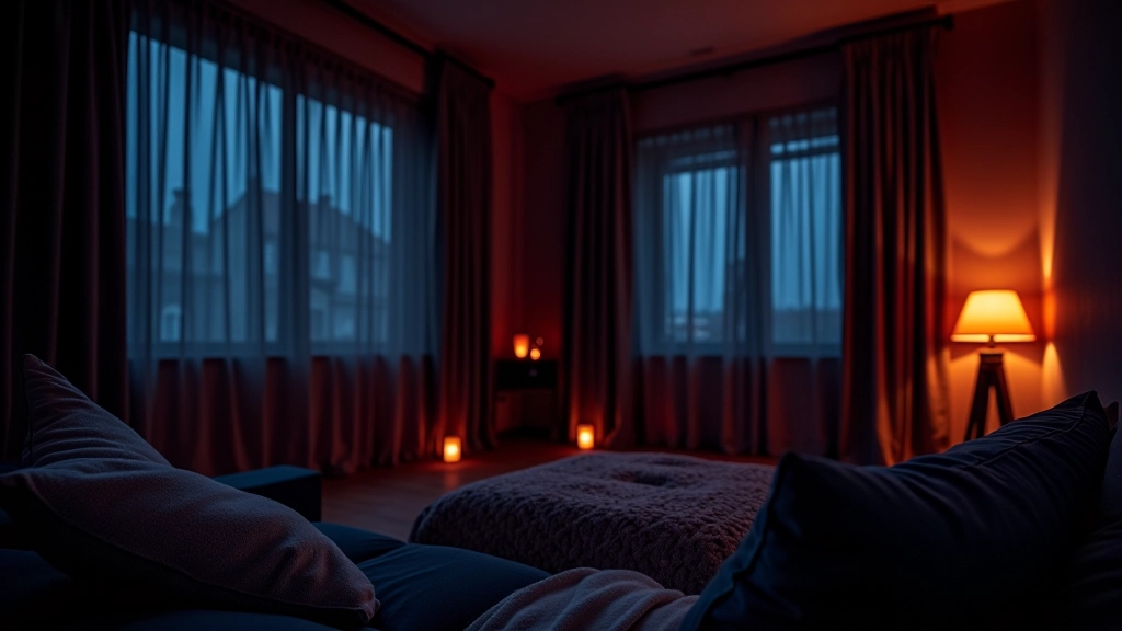 Darkened home theater room with ambient lighting, blackout curtains, comfortable seating arrangement with cushions