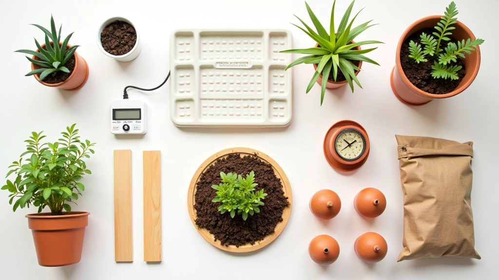Flat lay of indoor gardening supplies including LED grow light, seed trays, soil, moisture meter, and small pots arranged neatly