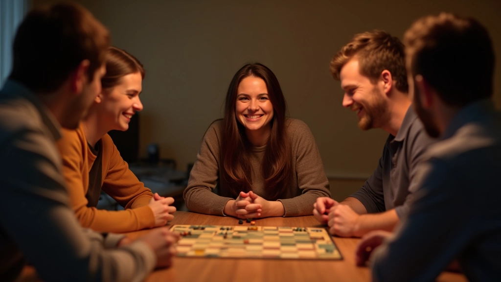 Group of friends laughing and celebrating during a board game, showing genuine engagement