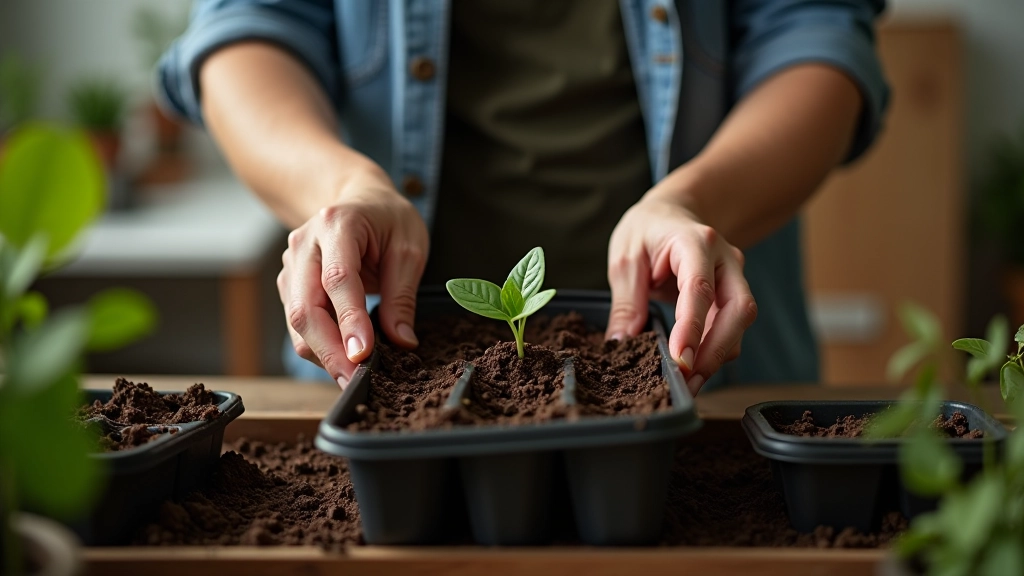Hands planting seeds into seed trays filled with moist potting soil under warm lighting