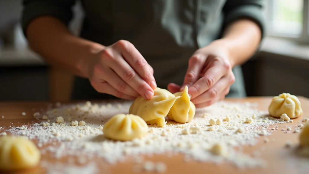 Hands shaping cepelinai dumplings from potato mixture with meat filling visible