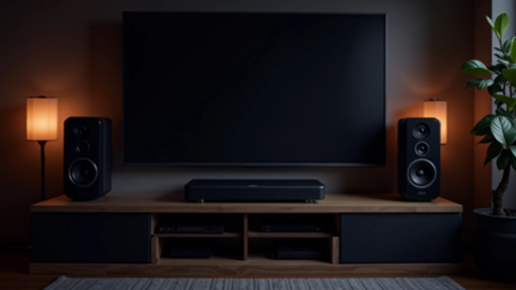 Home theater speaker system mounted on wall and shelf, dark room with cable management visible, professional installation