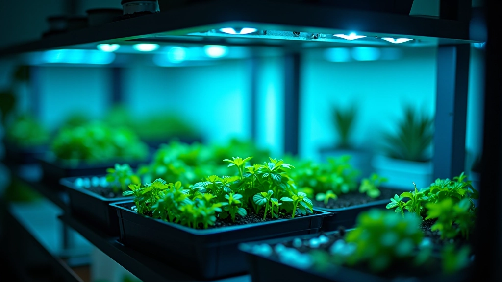 Indoor garden setup with seedlings growing on bright shelf