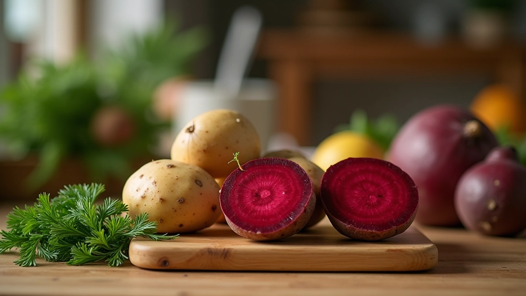 Lithuanian kitchen scene with fresh potatoes, beets, and fresh herbs on wooden cutting board