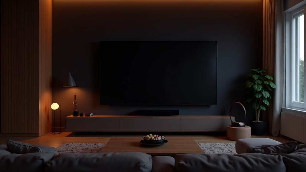 Modern living room with large wall-mounted TV displaying movie scene, dark walls, comfortable seating in foreground