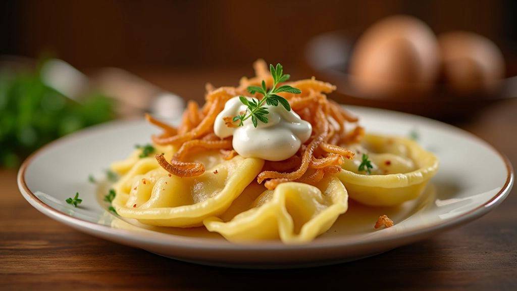 Finished cepelinai potato dumplings on white plate with sour cream and caramelized onions