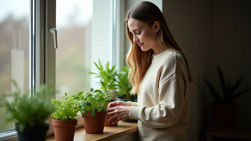 Person tending to indoor herb garden on sunny windowsill with multiple potted plants